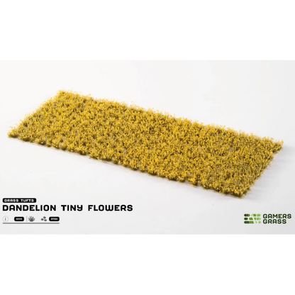 Gamers Grass Dandelion Tiny Flowers 4mm – zbliżenie na kępki kwiatków, detal tekstury i koloru do podstawek figurek
