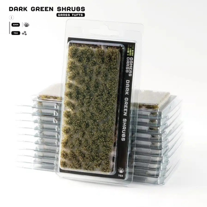 Dark Green Shrubs 6mm Gamers Grass - opakowanie blister ze stosem produktów, widok z przodu z arkuszem 75 ciemnozielonych kępek krzewów i oznaczeniem 6mm 75x
