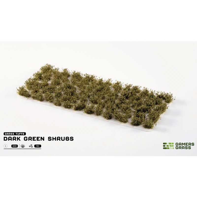 Dark Green Shrubs 6mm Gamers Grass - arkusz ciemnozielonych kępek krzewów na białym tle z logo Gamers Grass i opisem produktu: Grass Tufts 6mm 75x
