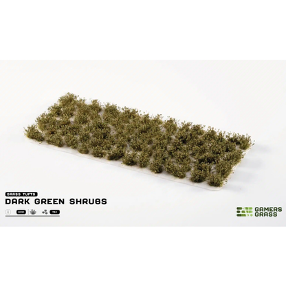 Dark Green Shrubs 6mm Gamers Grass - arkusz ciemnozielonych kępek krzewów na białym tle z logo Gamers Grass i opisem produktu: Grass Tufts 6mm 75x
