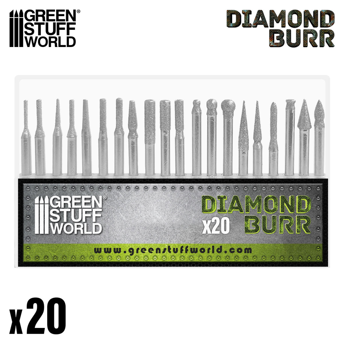 Diamond Burr Set Green Stuff World – 20 frezów diamentowych Grit 150 w 20 różnych kształtach ustawionych w przezroczystym stojaku, widok z przodu, napis "Diamond Burr x20 Green Stuff World", logo GSW
