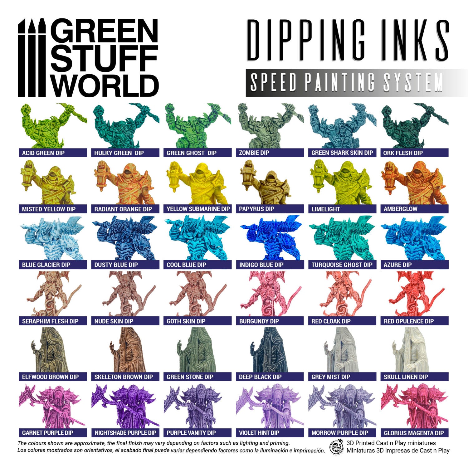 Dipping Inks Green Stuff World - paleta wszystkich kolorów serii Speed Painting System na figurkach, w tym Zombie Dip
