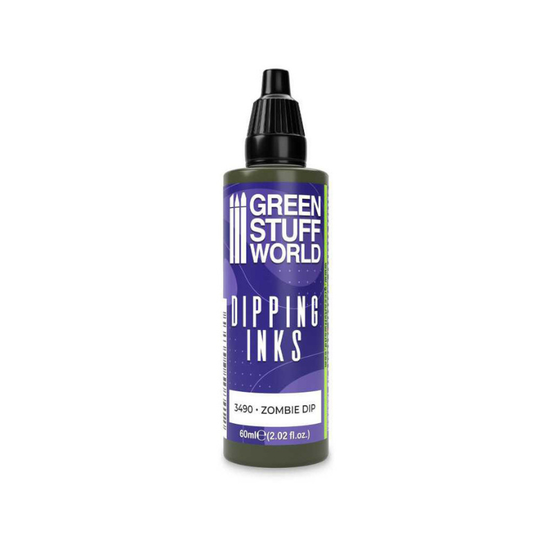 Dipping Ink Zombie Dip 3490 60ml - butelka półtransparentnej farby speedpainting Green Stuff World w odcieniu zombie zieleni, widok z przodu
