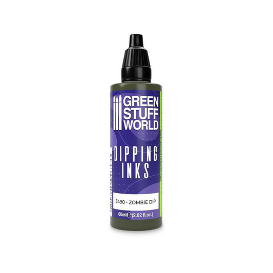 Dipping Ink Zombie Dip 3490 60ml - butelka półtransparentnej farby speedpainting Green Stuff World w odcieniu zombie zieleni, widok z przodu
