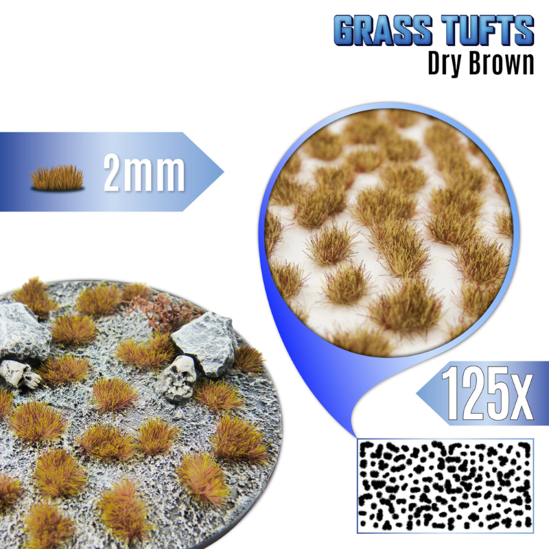Static Grass Tufts 2mm Dry Brown GSW - kępki suchej brązowej trawy na okrągłej podstawce z kamieniami i czaszką ze zbliżeniem na teksturę i arkuszem 125x
