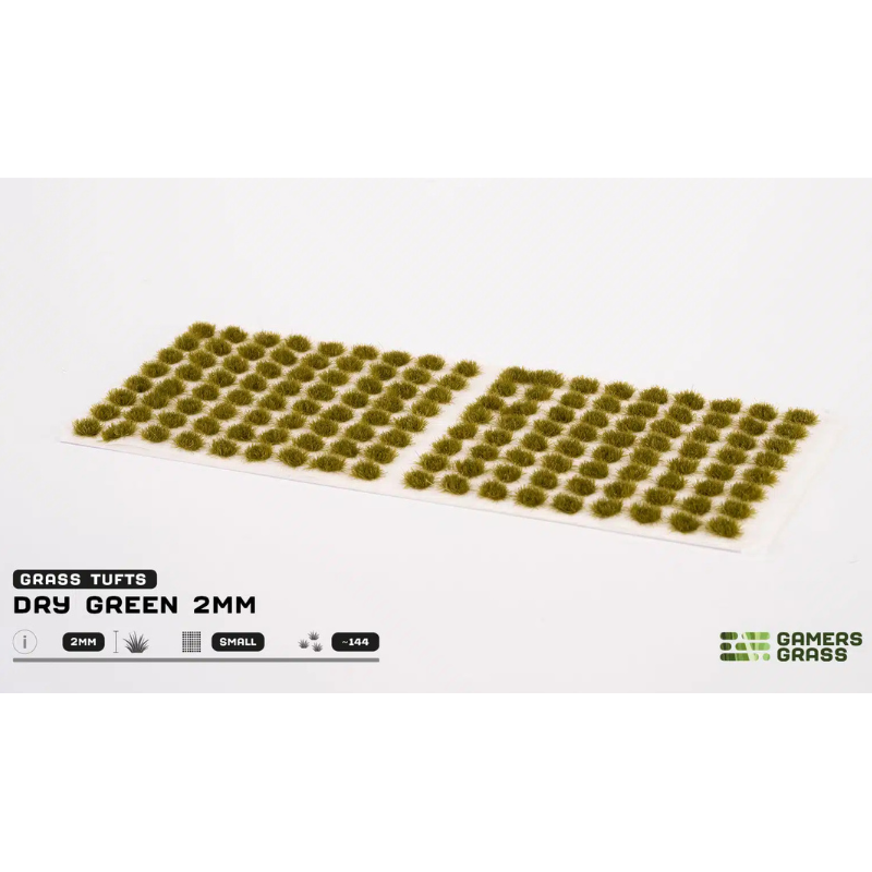Dry Green Tufts 2mm Small Gamers Grass - dwa arkusze kępek suchej zielonej trawy na białym tle z logo Gamers Grass i opisem produktu: Grass Tufts 2mm Small 144x
