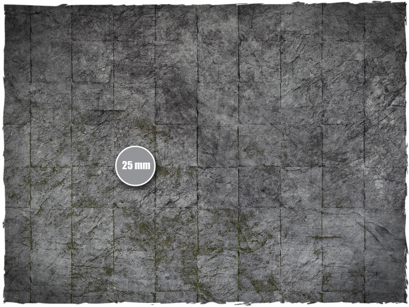 Dungeon – Mata do gry Mousepad Deep-Cut Studio – zbliżenie kamiennych płyt lochu z mchem ze skalą 25mm
