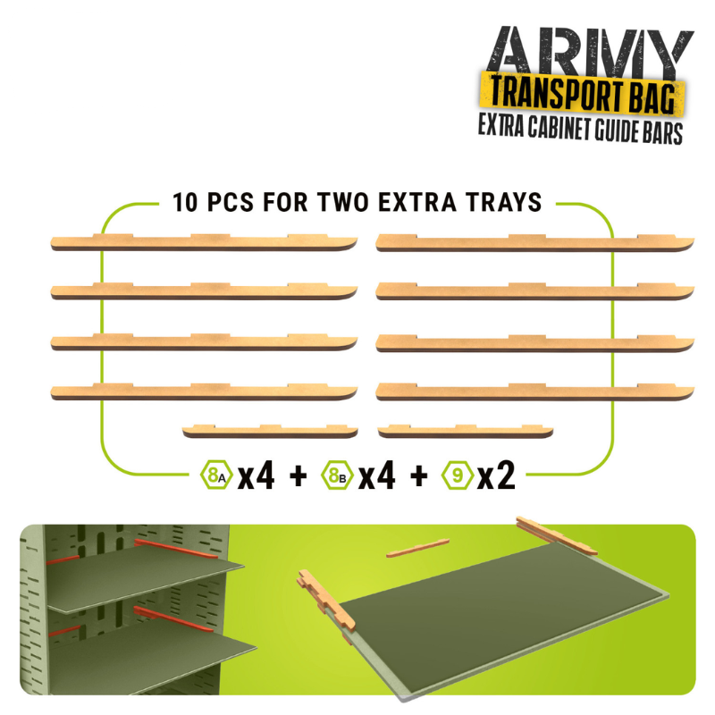 Extra Cabinet Guide Bars Green Stuff World – 10 prowadnic MDF do walizki na figurki, widok wszystkich elementów zestawu
