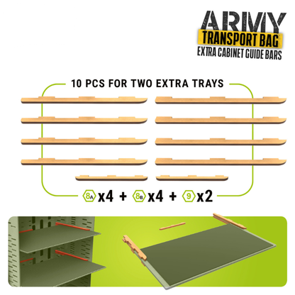 Extra Cabinet Guide Bars Green Stuff World – 10 prowadnic MDF do walizki na figurki, widok wszystkich elementów zestawu
