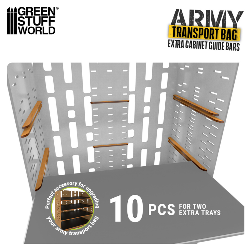 Extra Cabinet Guide Bars for Army Transport Bag – widok zamontowanych prowadnic w walizce transportowej Green Stuff World
