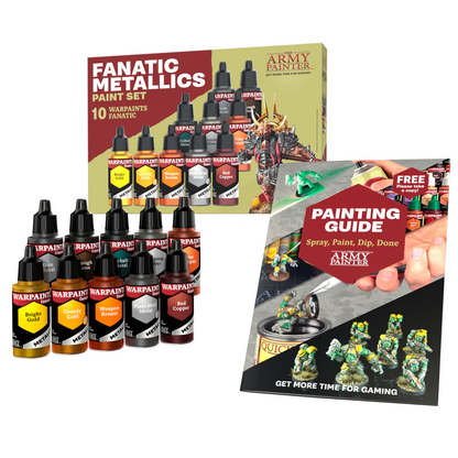 Warpaints Fanatic Metallics Paint Set WP8069P The Army Painter – zawartość zestawu: 10 butelek farb metalicznych i przewodnik malowania Painting Guide
