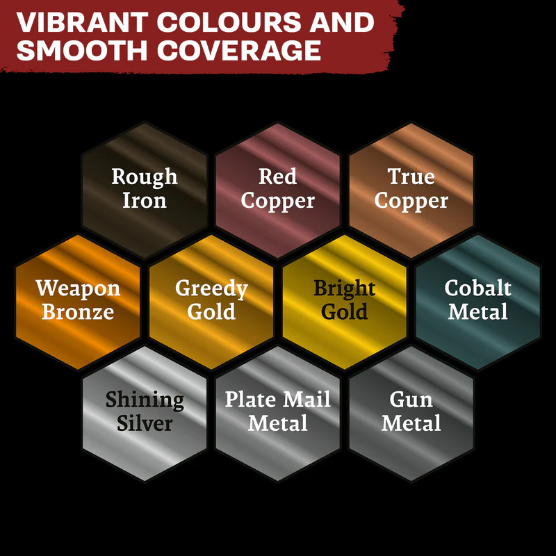 Warpaints Fanatic Metallics Paint Set The Army Painter – paleta 10 kolorów metalicznych: Rough Iron, Red Copper, True Copper, Weapon Bronze, Greedy Gold, Bright Gold, Cobalt Metal, Shining Silver, Plate Mail Metal, Gun Metal
