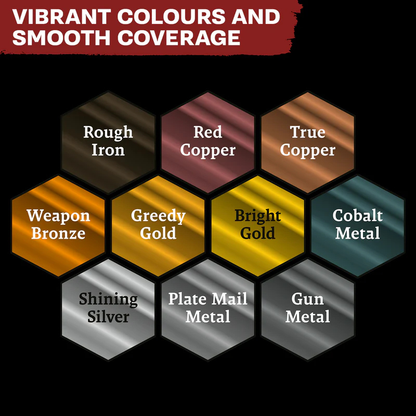 Warpaints Fanatic Metallics Paint Set The Army Painter – paleta 10 kolorów metalicznych: Rough Iron, Red Copper, True Copper, Weapon Bronze, Greedy Gold, Bright Gold, Cobalt Metal, Shining Silver, Plate Mail Metal, Gun Metal
