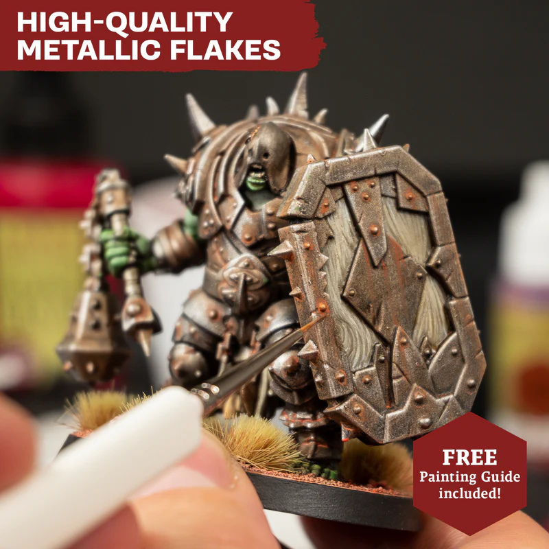 Warpaints Fanatic Metallics Paint Set The Army Painter – figurka orka pomalowana farbami metalicznymi Warpaints Fanatic, efekt wysokiej jakości płatków aluminium i miki
