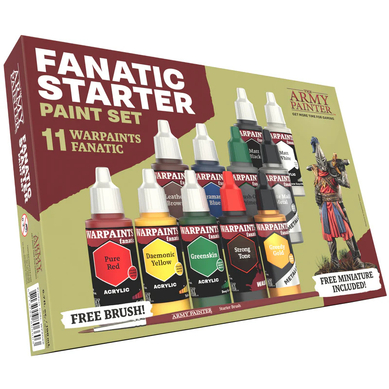 Warpaints Fanatic Starter Set The Army Painter – pudełko zestawu z 11 butelkami farb Warpaints Fanatic i napisem Free Miniature Included
