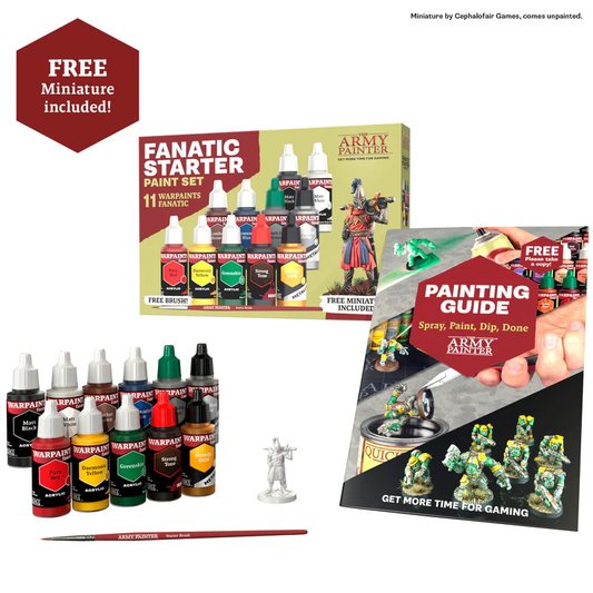 Warpaints Fanatic Starter Set The Army Painter – zawartość zestawu: 11 butelek farb, pędzel Starter Brush, figurka i przewodnik malowania
