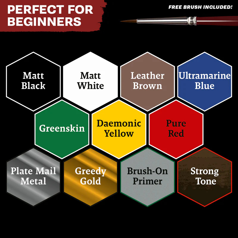Warpaints Fanatic Starter Set The Army Painter – paleta 11 kolorów: Matt Black, Matt White, Leather Brown, Ultramarine Blue, Greenskin, Daemonic Yellow, Pure Red, Plate Mail Metal, Greedy Gold, Brush-On Primer, Strong Tone
