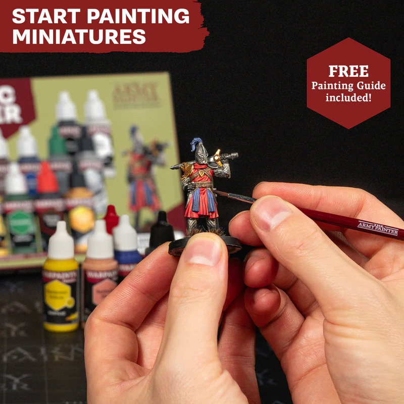 Warpaints Fanatic Starter Set WP8066P The Army Painter – malowanie figurki rycerza pędzlem Army Painter, zestaw farb i przewodnik w tle
