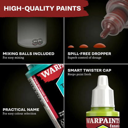 Warpaints Fanatic Starter Set The Army Painter – cechy farb: kulki mieszające, zakraplacz bez rozlewów, Smart Twister Cap i praktyczna nazwa koloru na etykiecie
