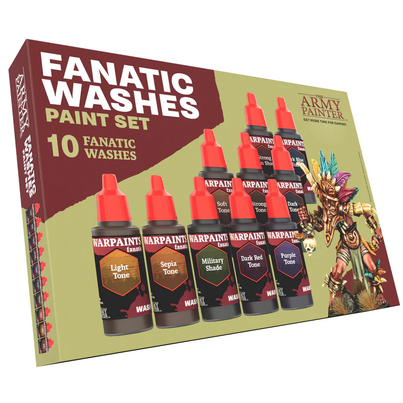 Warpaints Fanatic Washes Paint Set WP8068P The Army Painter – pudełko zestawu 10 washów akrylowych z figurką szamana na złotym tle
