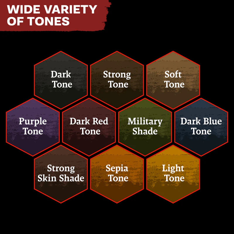 Warpaints Fanatic Washes Paint Set The Army Painter – paleta 10 kolorów: Dark Tone, Strong Tone, Soft Tone, Purple Tone, Dark Red Tone, Military Shade, Dark Blue Tone, Strong Skin Shade, Sepia Tone, Light Tone

