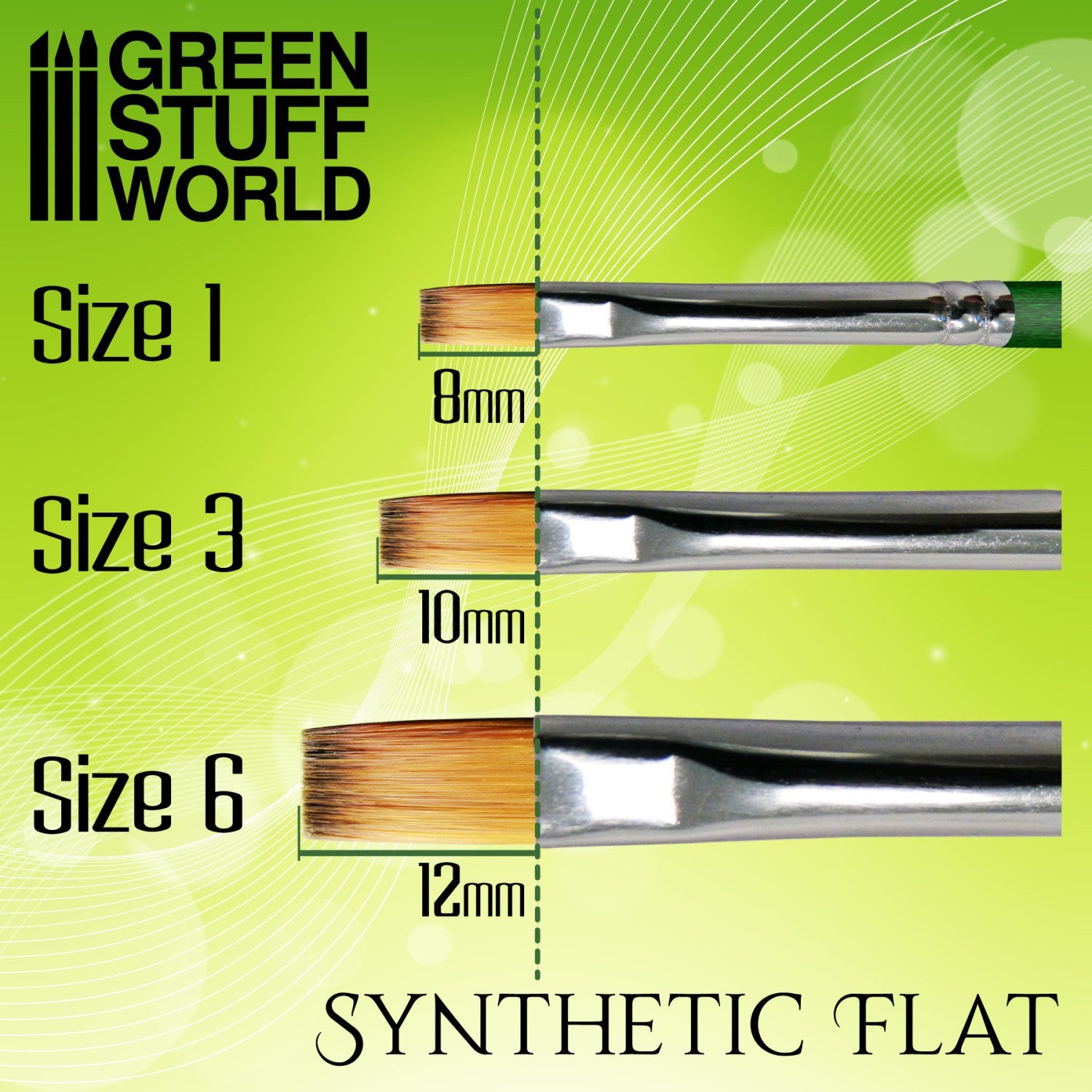 Green Stuff World Green Series Flat Synthetic Brush - porównanie rozmiarów: Size 1=8mm, Size 3=10mm, Size 6=12mm szerokość włosia