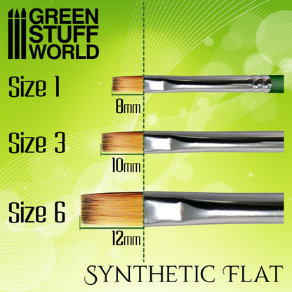 Green Stuff World Green Series Flat Synthetic Brush - porównanie rozmiarów: Size 1=8mm, Size 3=10mm, Size 6=12mm szerokość włosia