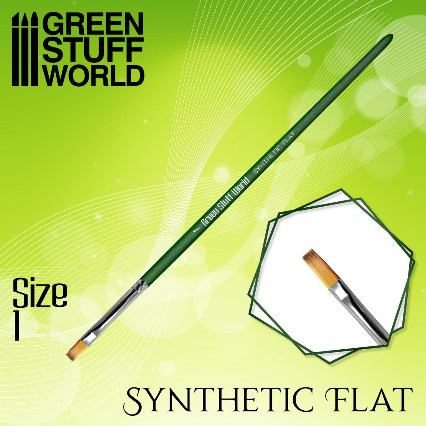 Green Stuff World Green Series Flat Synthetic Brush Size 1 - płaski pędzel syntetyczny z zieloną rączką włosie 8x4mm do blendingu i weatheringu