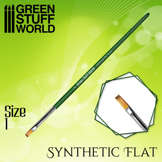 Green Stuff World Green Series Flat Synthetic Brush Size 1 - płaski pędzel syntetyczny z zieloną rączką włosie 8x4mm do blendingu i weatheringu