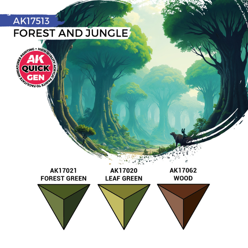 Paleta kolorów Forest and Jungle AK17513 – AK17021 Forest Green, AK17020 Leaf Green, AK17062 Wood | AK Interactive
