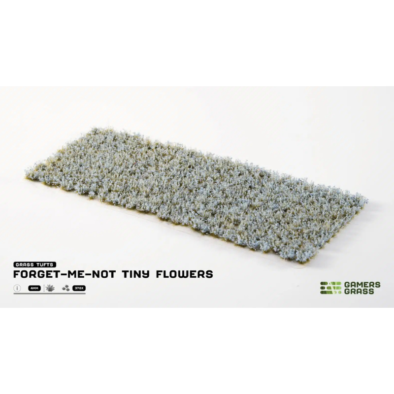 Forget-Me-Not Tiny Flowers 4mm Gamers Grass - arkusz kępek kwiatowych na białym tle z logo Gamers Grass i opisem produktu: Grass Tufts 4mm 370x

