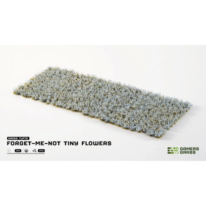 Forget-Me-Not Tiny Flowers 4mm Gamers Grass - arkusz kępek kwiatowych na białym tle z logo Gamers Grass i opisem produktu: Grass Tufts 4mm 370x
