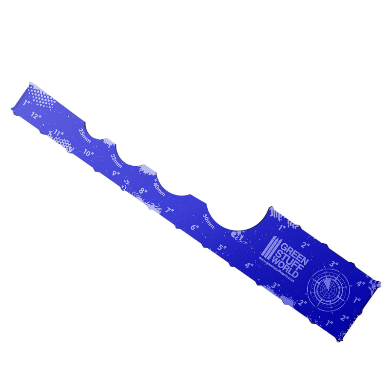 Gaming Measuring Tool Dark Blue 12" Green Stuff World – akrylowa miarka do gier bitewnych, widok produktu z podziałką w calach i milimetrach