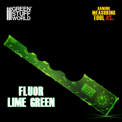 Gaming Measuring Tool Fluor Lime Green 12" Green Stuff World – akrylowa miarka do gier bitewnych w kolorze fluorescencyjnej zieleni limonkowej, widok z opakowaniem

