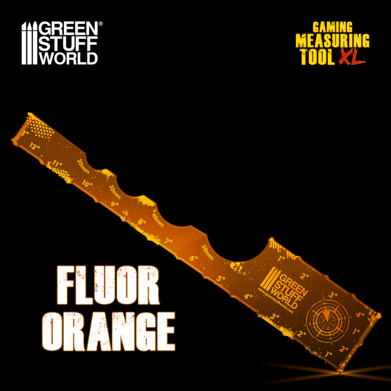Gaming Measuring Tool Fluor Orange 12" Green Stuff World – akrylowa miarka do gier bitewnych w kolorze fluorescencyjnego pomarańczu, widok z opakowaniem
