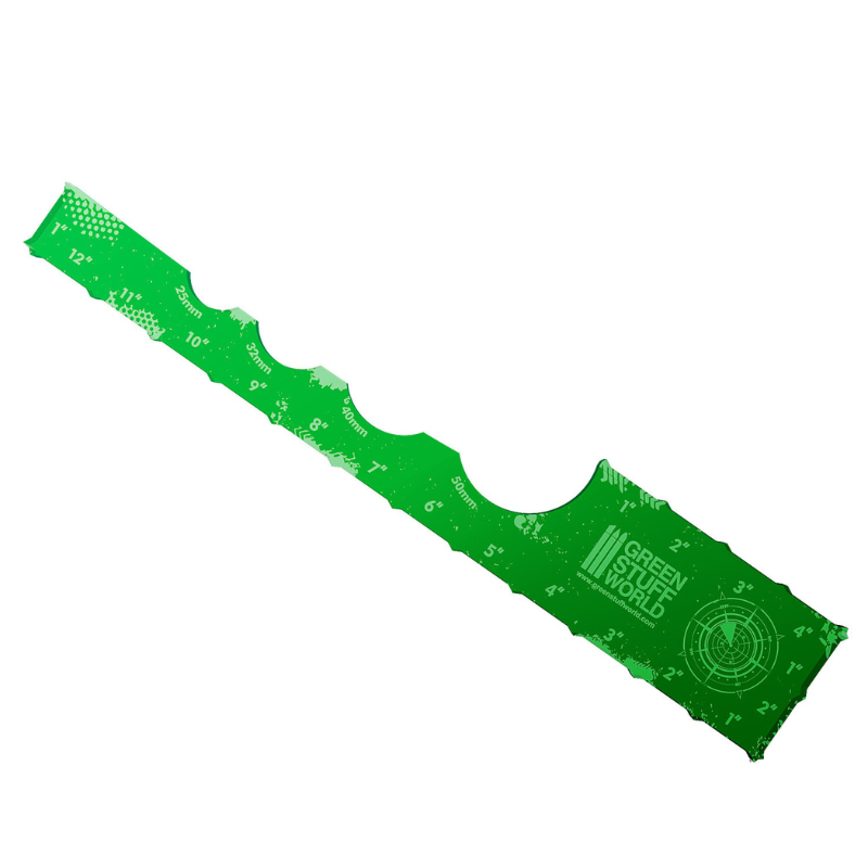Gaming Measuring Tool Green 12" Green Stuff World – akrylowa miarka do gier bitewnych, widok produktu z podziałką w calach i milimetrach
