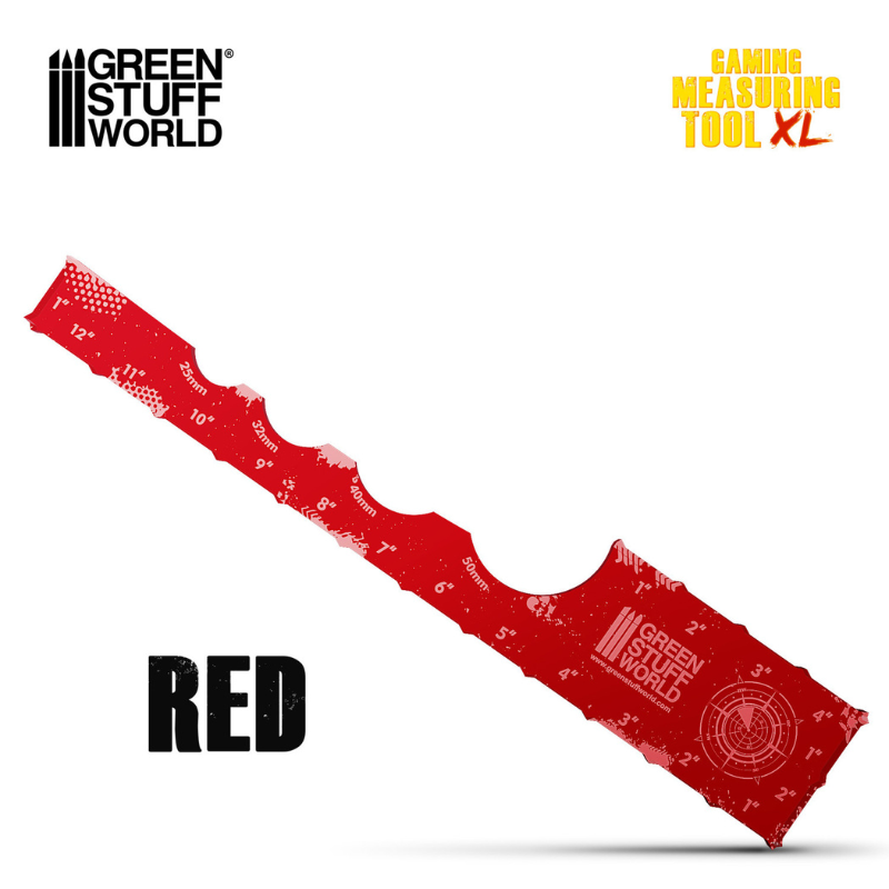 Gaming Measuring Tool Red 12 cali Green Stuff World – czerwona akrylowa miarka do gier bitewnych z podziałką w calach i milimetrach
