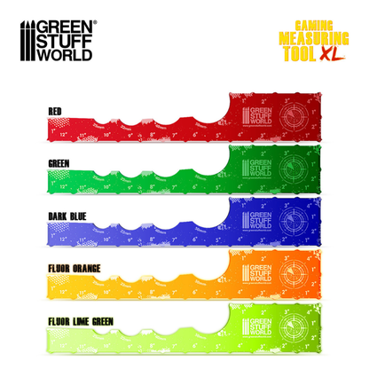 Gaming Measuring Tool XL Green Stuff World – porównanie dostępnych kolorów: Red, Green, Dark Blue, Fluor Orange, Fluor Lime Green
