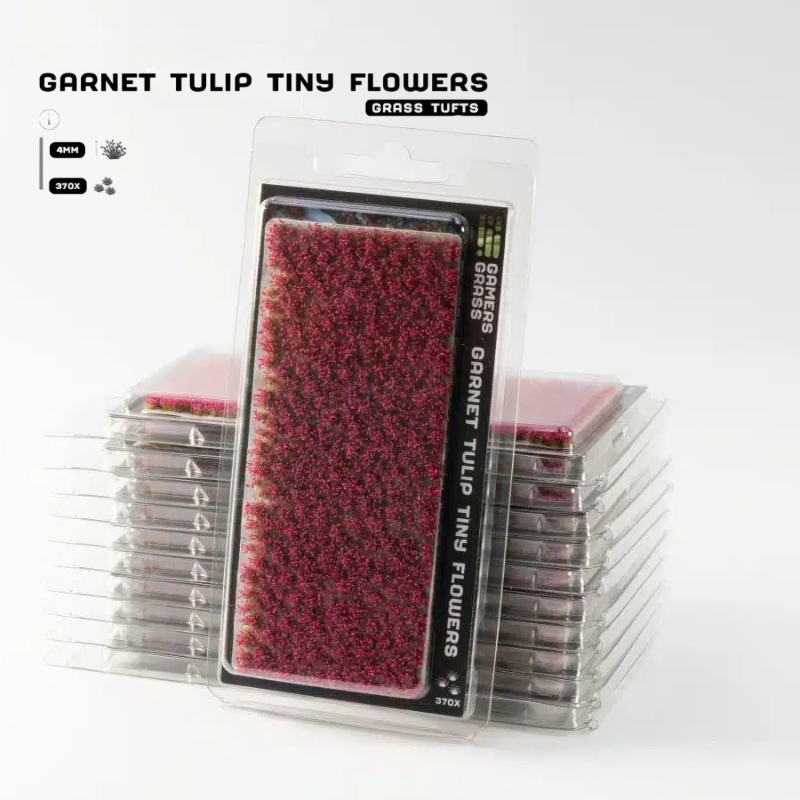 Garnet Tulip Tiny Flowers 4mm Gamers Grass - opakowanie blister ze stosem produktów, widok z przodu z arkuszem 370 karmazynowych kępek tulipana i oznaczeniem 4mm 370x
