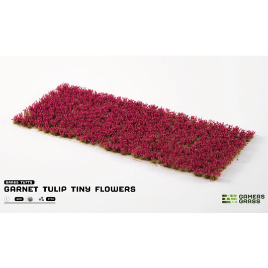 Garnet Tulip Tiny Flowers 4mm Gamers Grass - arkusz kępek kwiatowych na białym tle z logo Gamers Grass i opisem produktu: Grass Tufts 4mm 370x
