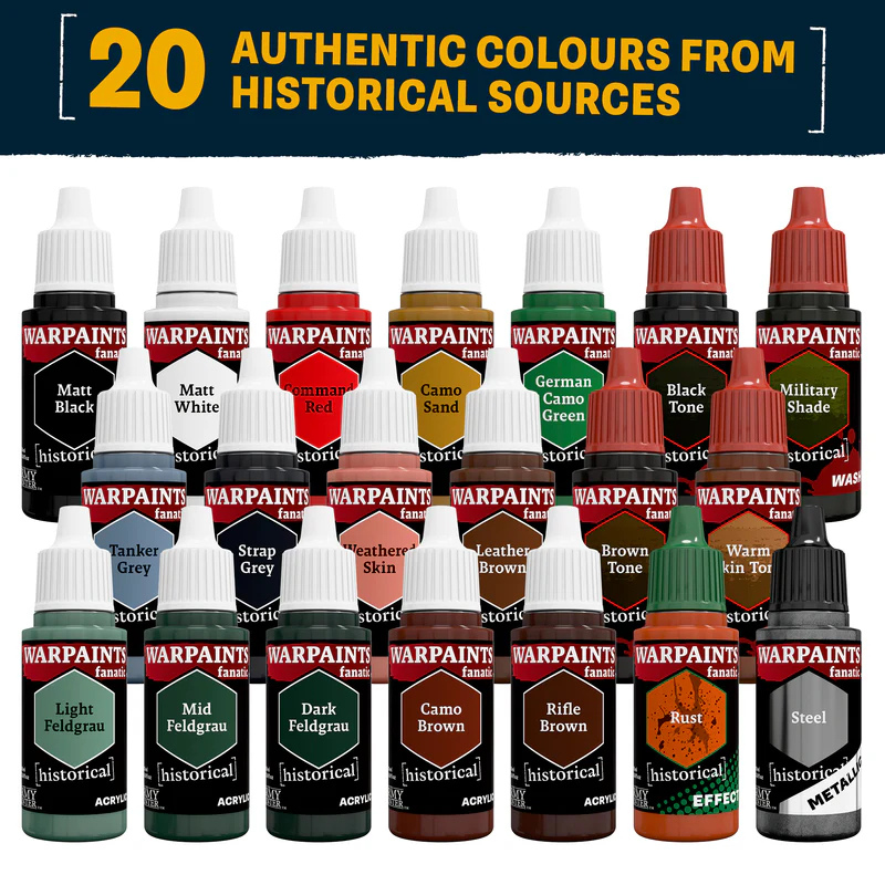 Paleta kolorów WWII German Paint Set WP8083P – 20 farb Warpaints Fanatic: Matt Black, Matt White, Feldgrau, Camo Brown, Rust, Steel i więcej | The Army Painter

