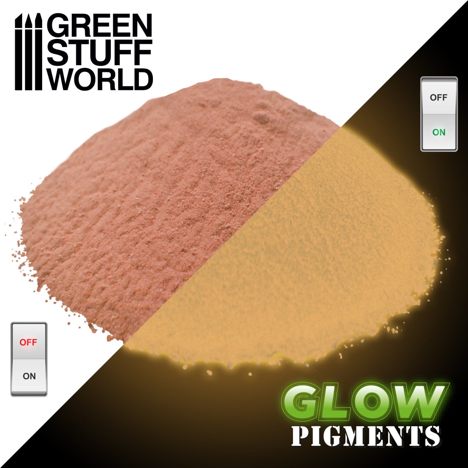 Green Stuff World Glow Pigment Time Orange 2433 – porównanie koloru w świetle dziennym (różowopomarańczowy) i w ciemności (żółtopomarańczowy świecący), efekt fosforescencji
