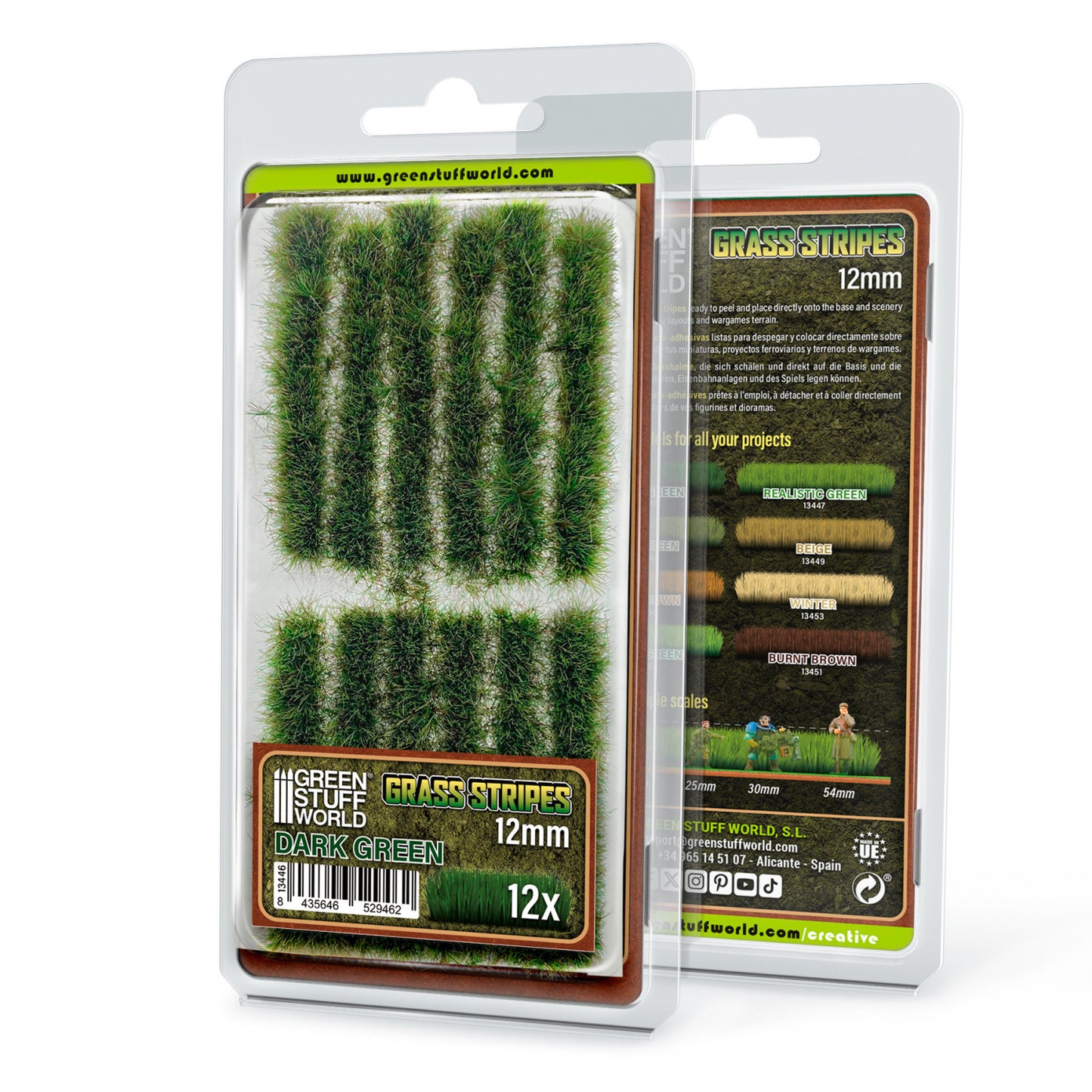 Grass Strips 12mm Dark Green GSW - opakowanie front i tył z 12 paskami ciemnozielonej trawy do miniatur i dioram