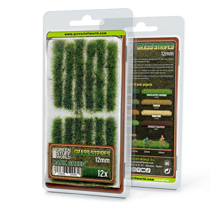 Grass Strips 12mm Dark Green GSW - opakowanie front i tył z 12 paskami ciemnozielonej trawy do miniatur i dioram