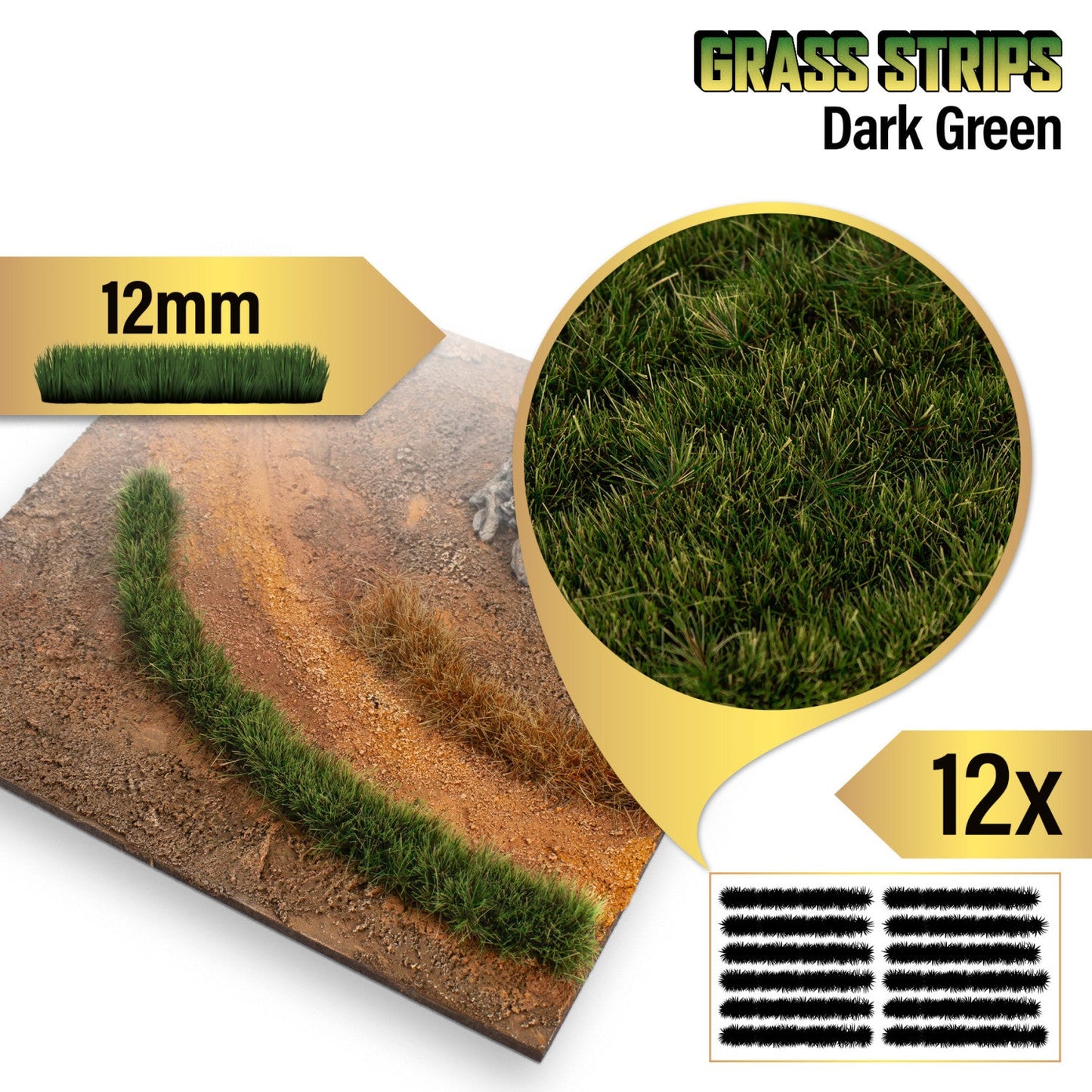 Grass Strips 12mm Dark Green GSW - paski trawy przyklejone na makiecie terenu z piaszczystą ścieżką ze zbliżeniem na gęstą ciemnozieloną teksturę włókna