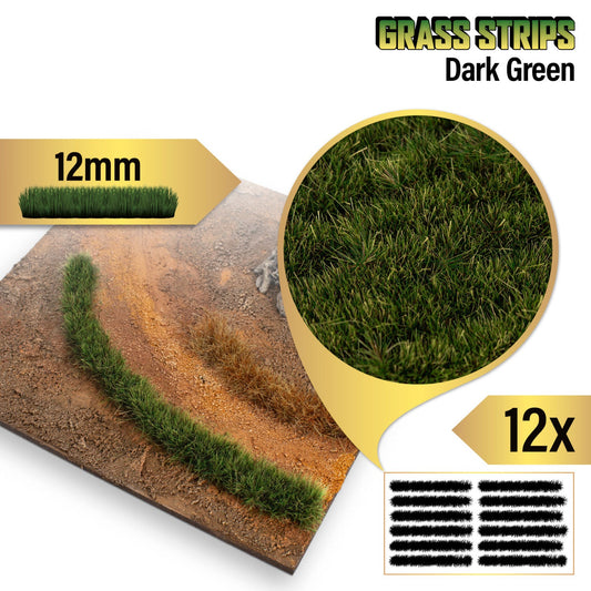 Grass Strips 12mm Dark Green GSW - paski trawy przyklejone na makiecie terenu z piaszczystą ścieżką ze zbliżeniem na gęstą ciemnozieloną teksturę włókna
