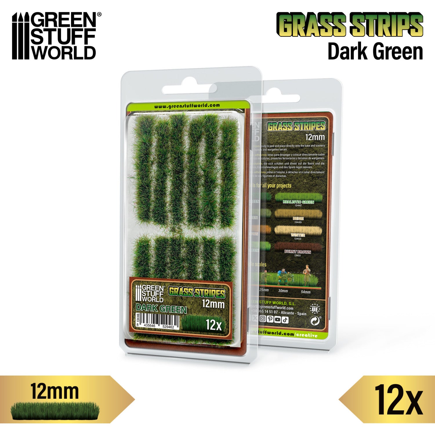 Grass Strips 12mm Dark Green GSW - opakowanie front i tył z opisem produktu i porównaniem kolorów serii Grass Strips