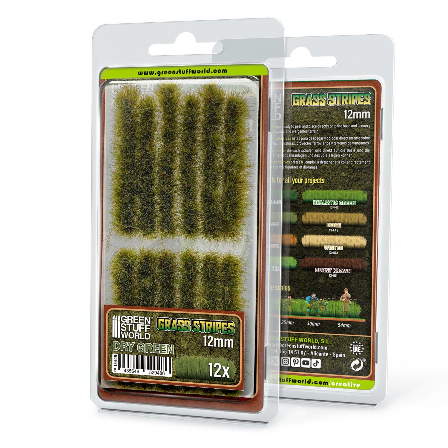 Grass Strips 12mm Dry Green GSW - opakowanie 12 samoprzylepnych pasków trawy suchej zieleni do miniatur i dioram