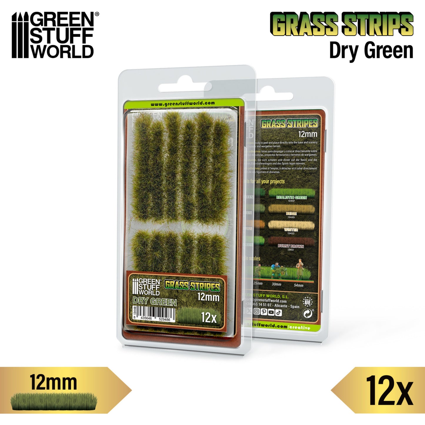 Grass Strips 12mm Dry Green GSW - opakowanie front i tył z opisem produktu i porównaniem kolorów serii