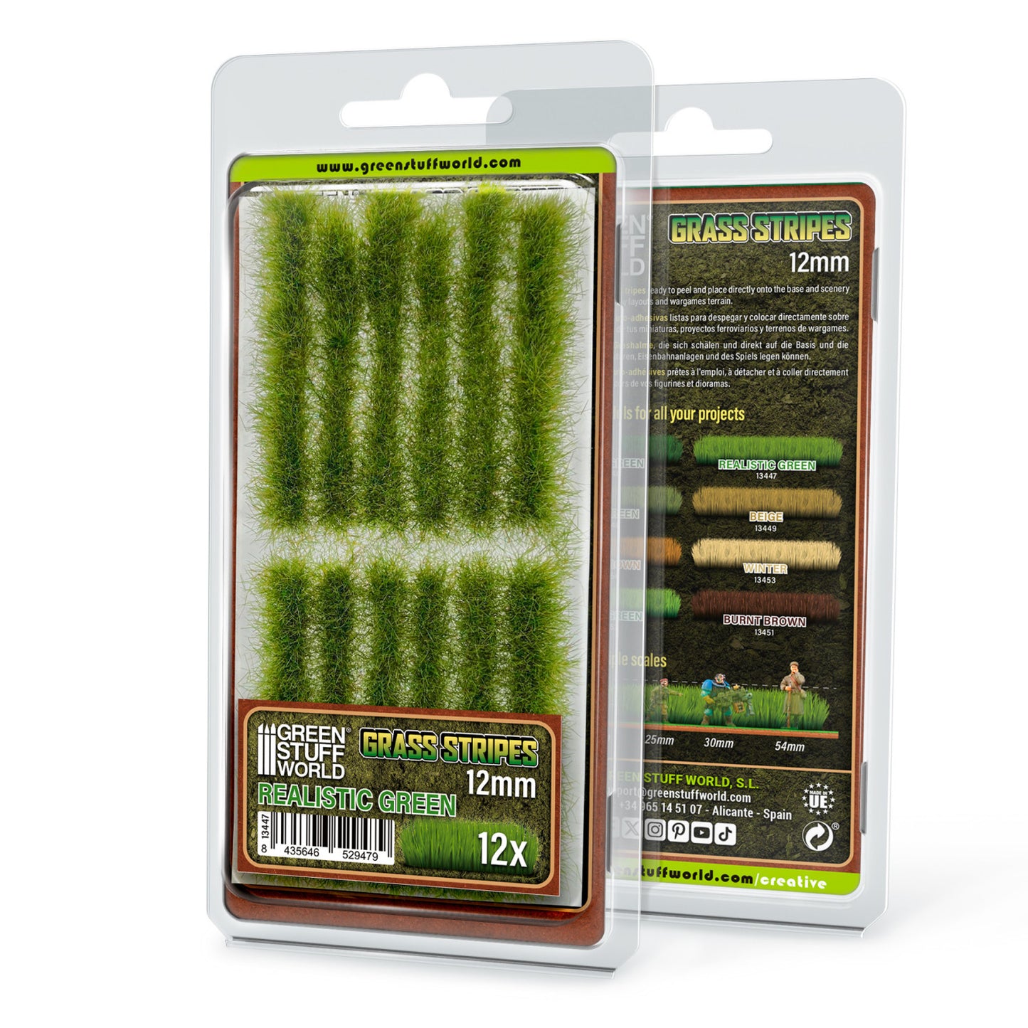Grass Strips 12mm Realistic Green GSW - opakowanie front i tył z 12 paskami realistycznej zielonej trawy do miniatur i dioram